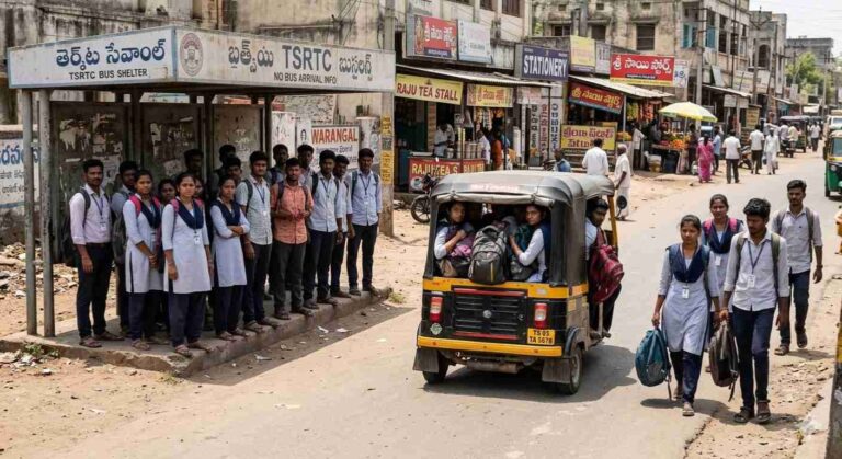 ఆర్టీసీ సమ్మె వల్ల వరంగల్ విద్యార్థులు బస్‌స్టాప్‌లో నిరీక్షిస్తున్నారు