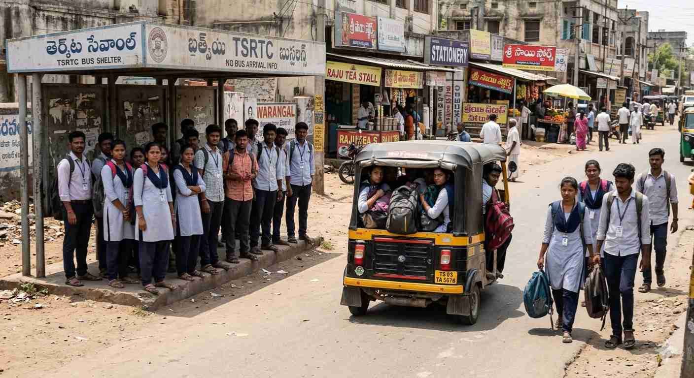 ఆర్టీసీ సమ్మె వల్ల వరంగల్ విద్యార్థులు బస్‌స్టాప్‌లో నిరీక్షిస్తున్నారు