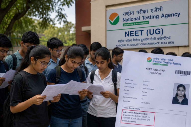 NEET UG 2026 Re-Exam Abu Dhabi Exam Centre error showing admit card issue and students preparing for exam