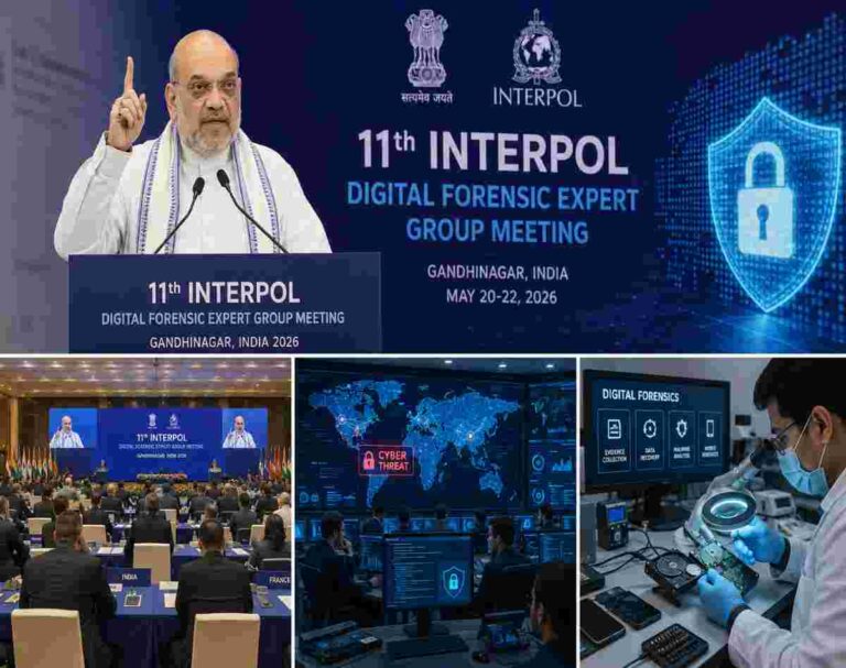 Union Home Minister Amit Shah addressing delegates at the INTERPOL Digital Forensics Expert Group Meeting in Gandhinagar, discussing India's cybersecurity initiatives.