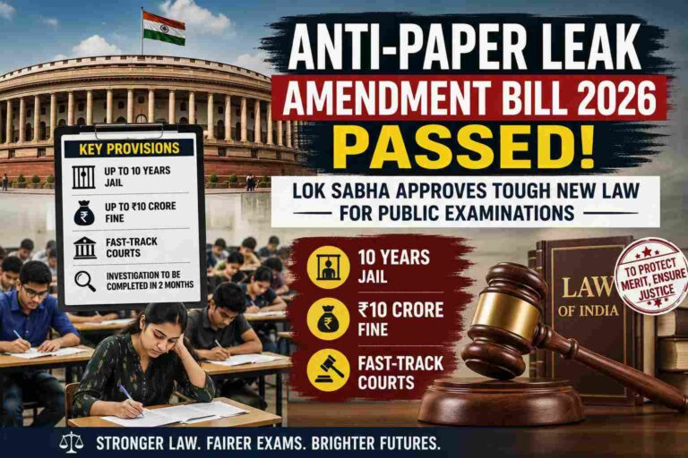 Anti-Paper Leak Amendment Bill 2026 passed by Lok Sabha introducing fast-track courts and stricter penalties for paper leak offences.