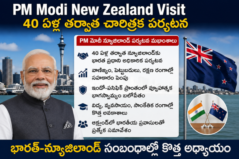 PM Modi New Zealand Visit 2026 news poster featuring Narendra Modi, New Zealand flag, Auckland skyline, and key highlights of the historic visit after 40 years.