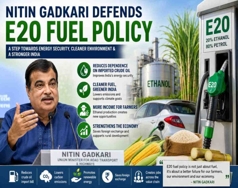 Nitin Gadkari explaining the E20 ethanol-blended petrol policy with fuel pump and flex-fuel vehicle in the background