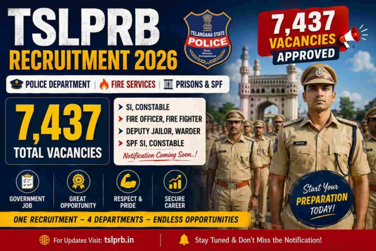 TSLPRB Recruitment 2026 7112 , vacancies for SI Constable Fire Jailor and SPF posts