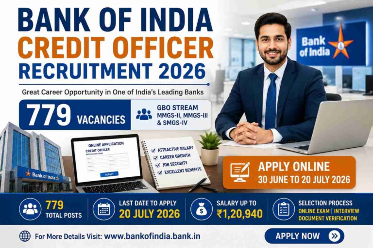 Bank of India BOI Credit Officer Recruitment 2026 notification for 779 Credit Officer posts with salary up to ₹1,20,940 and online application details.