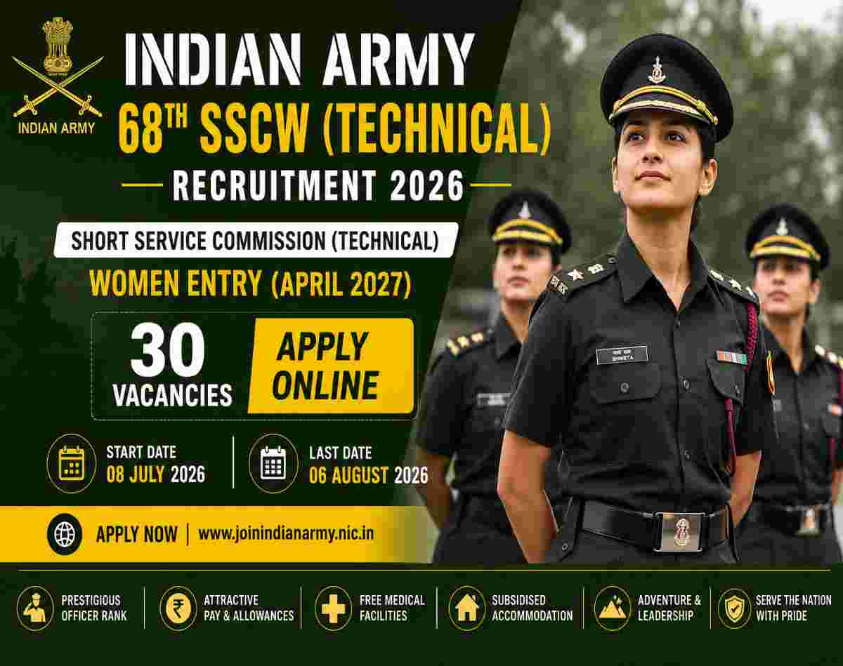 Indian Army 68th SSCW Technical Recruitment 2026 notification for 30 women engineering officer posts.