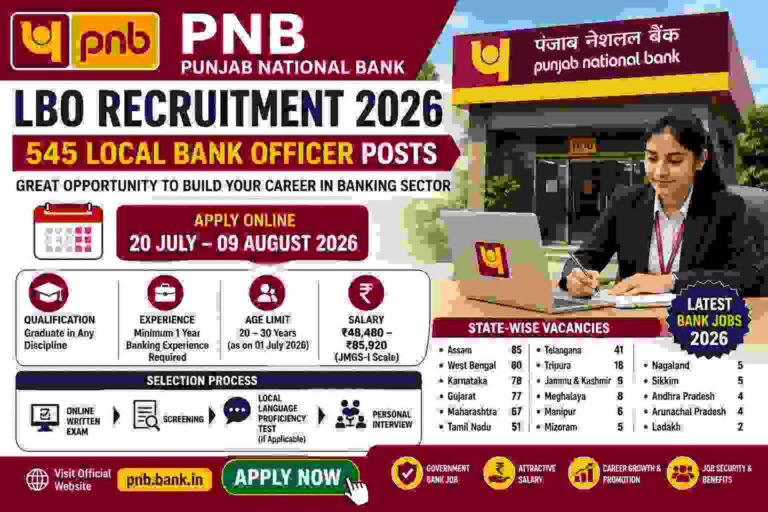 PNB LBO Recruitment 2026 notification for 545 Local Bank Officer (LBO) posts showing application dates, salary, eligibility, and selection process.