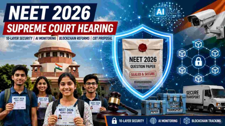 NEET 2026 Supreme Court Hearing showing Supreme Court of India, NEET students, AI-powered security, blockchain tracking, and secure question paper system.