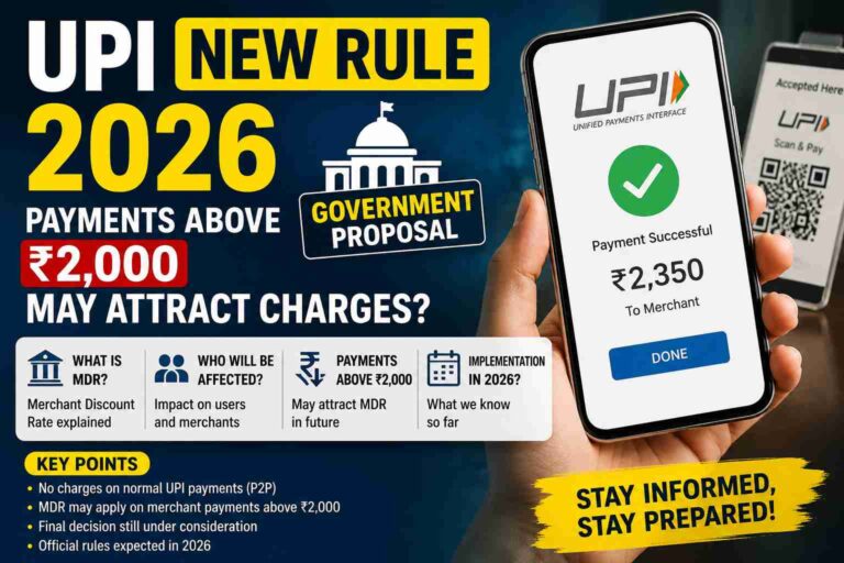 UPI New Rule 2026 showing proposed charges on UPI payments above ₹2,000 and Merchant Discount Rate (MDR) update in India.