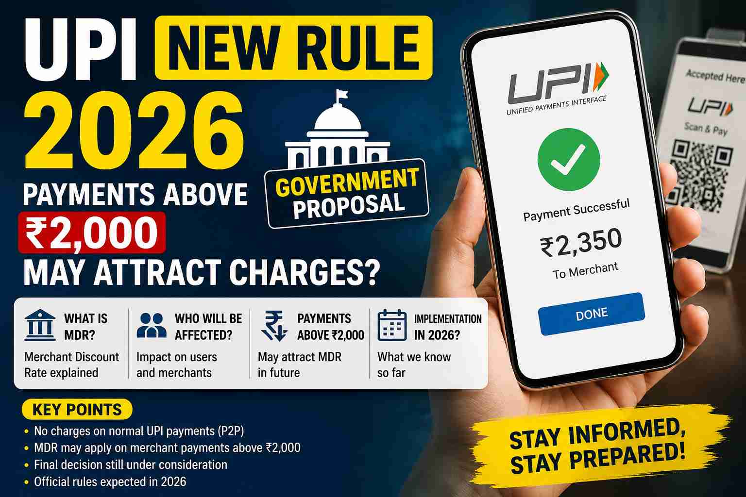 UPI New Rule 2026 showing proposed charges on UPI payments above ₹2,000 and Merchant Discount Rate (MDR) update in India.