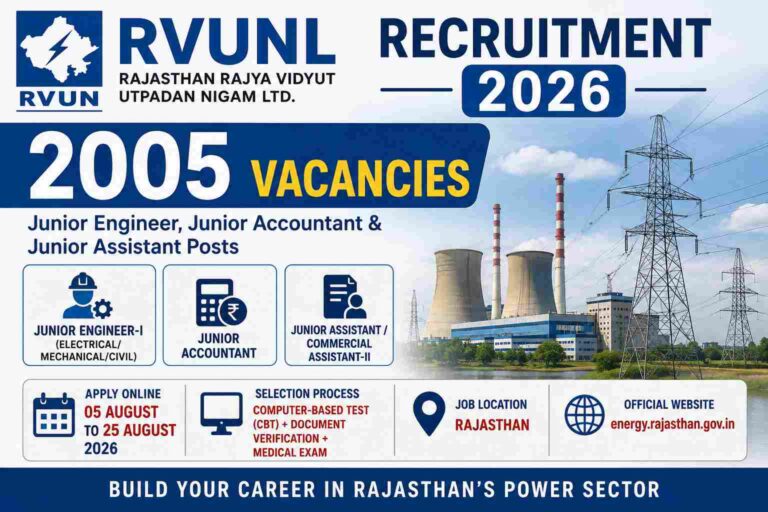 RVUNL Recruitment 2026 notification for 2005 Junior Engineer, Junior Accountant and Junior Assistant vacancies in Rajasthan