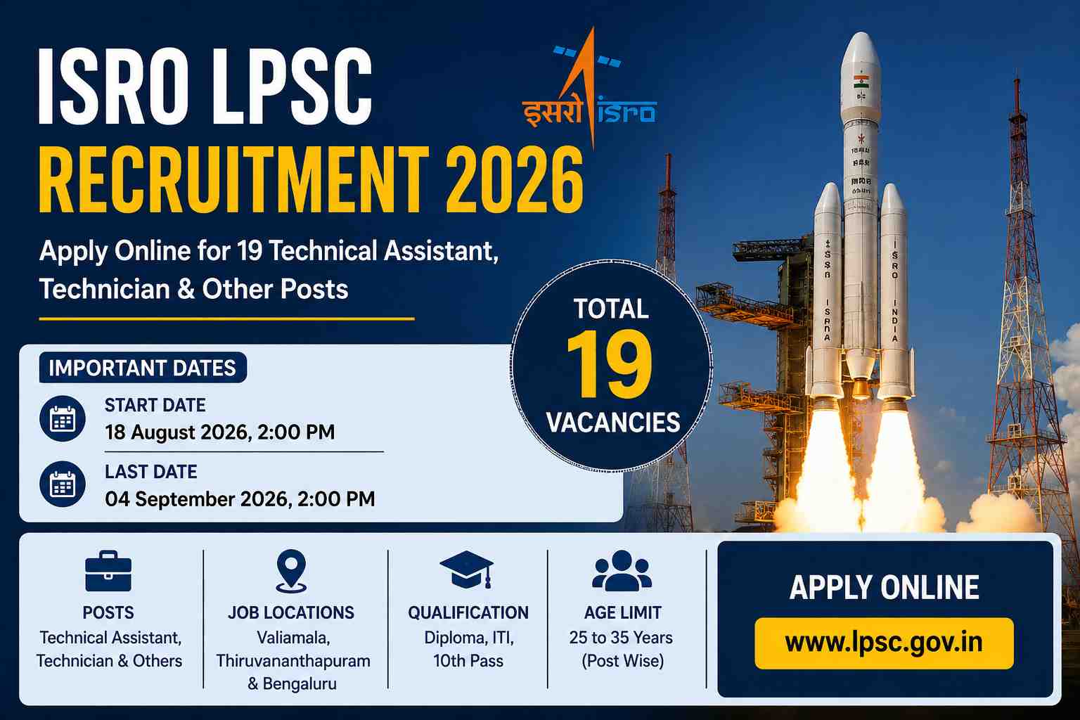 ISRO LPSC Recruitment 2026 for 19 Technical Assistant Technician and other posts