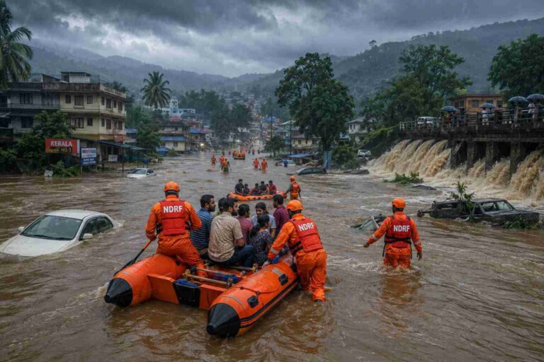 Flooded streets in Kerala after heavy monsoon rain with rescue teams responding under IMD Red Alert