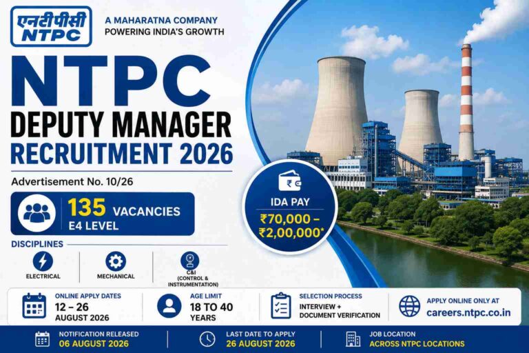 NTPC Deputy Manager Recruitment 2026 banner showing 135 E4 vacancies, salary, eligibility, and online application dates.