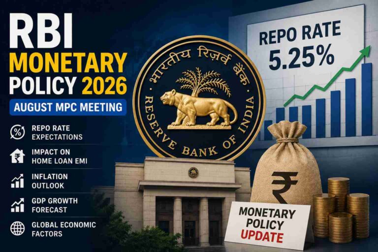 RBI Monetary Policy 2026 infographic showing RBI logo, repo rate 5.25%, August MPC meeting, inflation outlook, EMI impact and economic growth