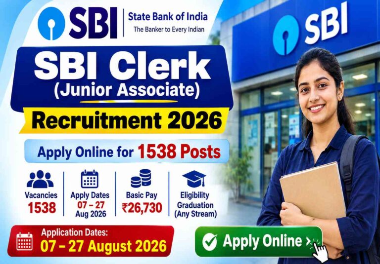 SBI Clerk Junior Associate Recruitment 2026 for 1538 posts