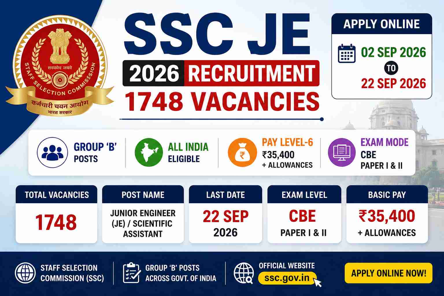 SSC JE 2026 Recruitment 1748 Vacancies Apply Online