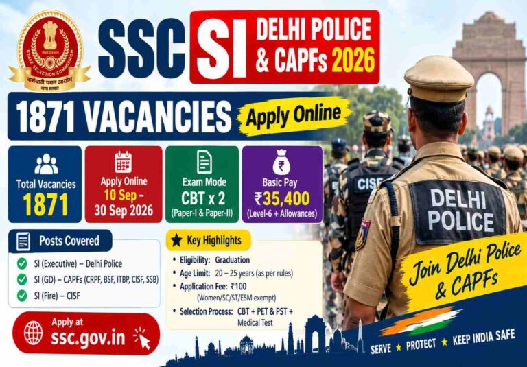 SSC SI Delhi Police & CAPFs 2026 – 1871 Vacancies Apply Online